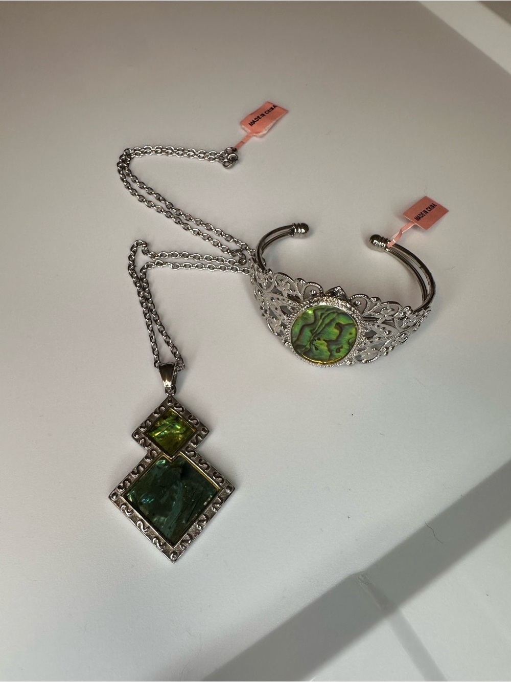 Silver-Tone Abalone Accent Cuff Bracelet and Pendant Necklace Set - Green